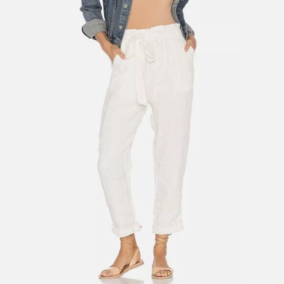Free People White Paperbag High Waist Belted Linen Pant Womens Large Tapered Leg - Picture 1 of 10